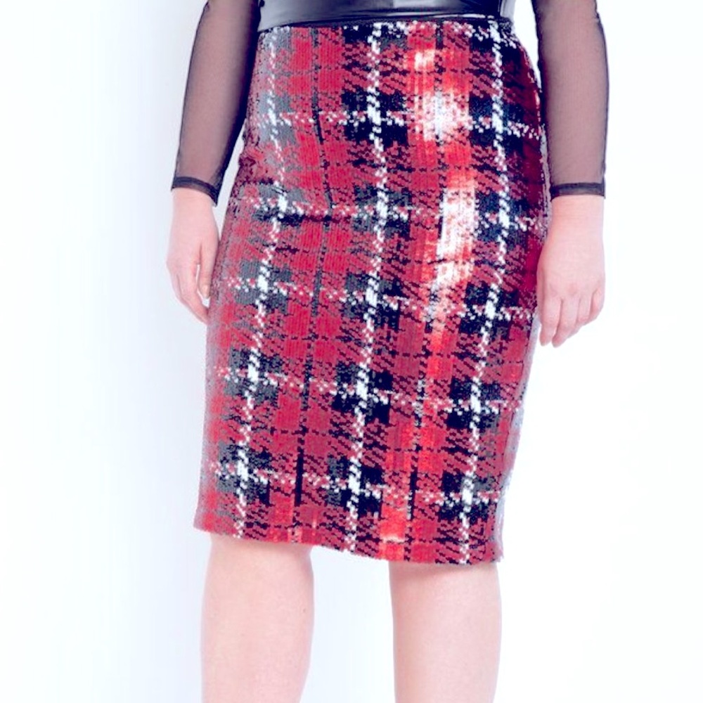 Make an offer 🙂.    Sequin plaid skirt. Waist flat 23". Length 26